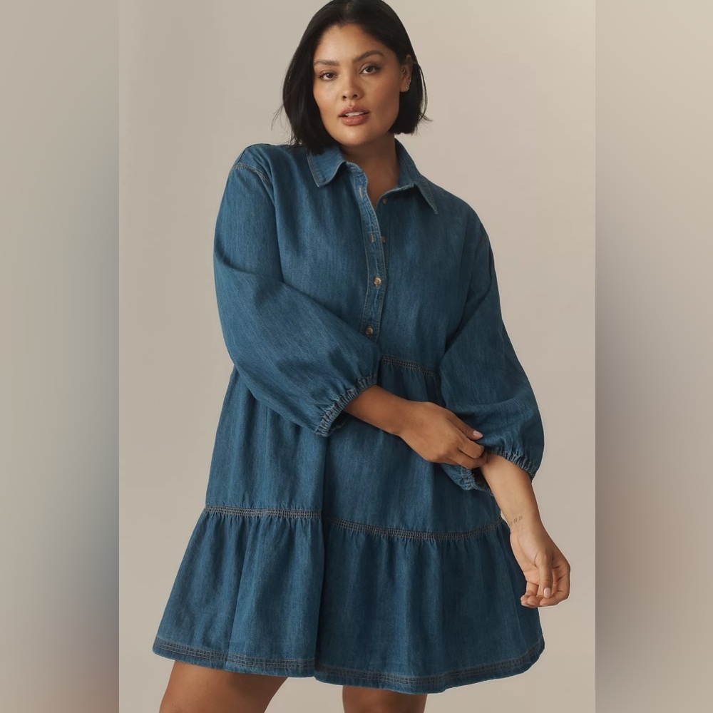 NWT Anthropologie The Bettina Denim Tiered Mini Shirt Dress by Maeve